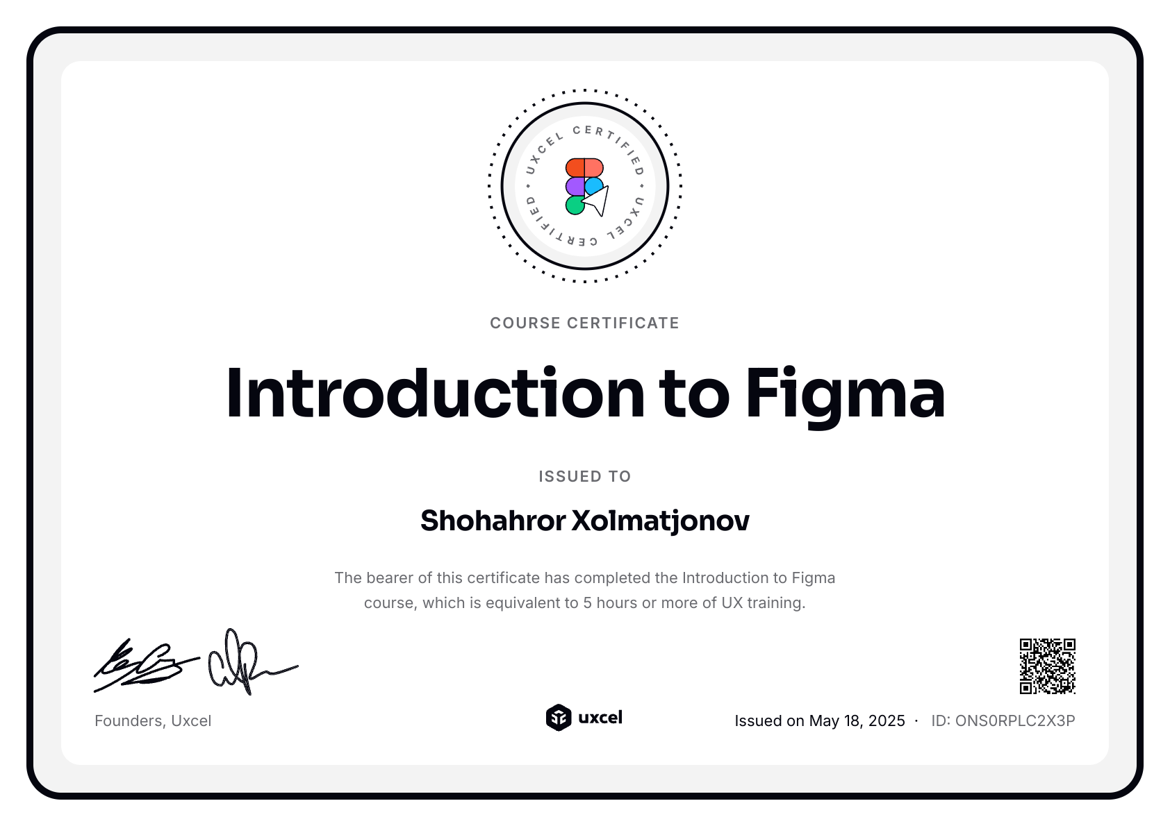 Shohahror Xolmatjonov's certificate